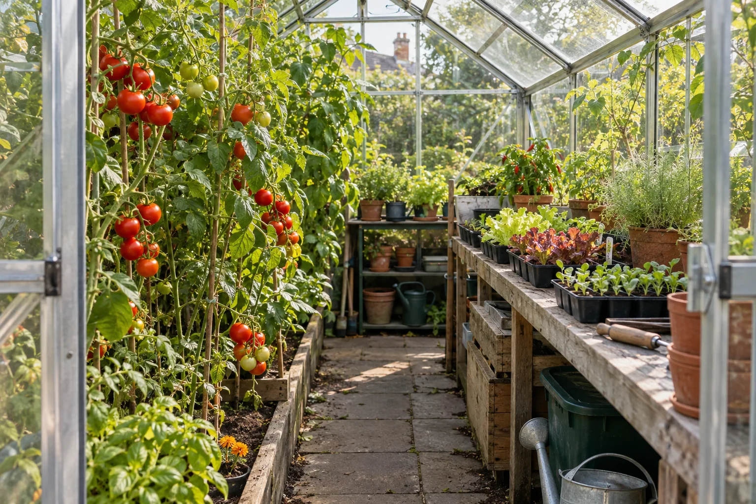 Illustrated greenhouse growing space with tomato vines and trays of young salad plants