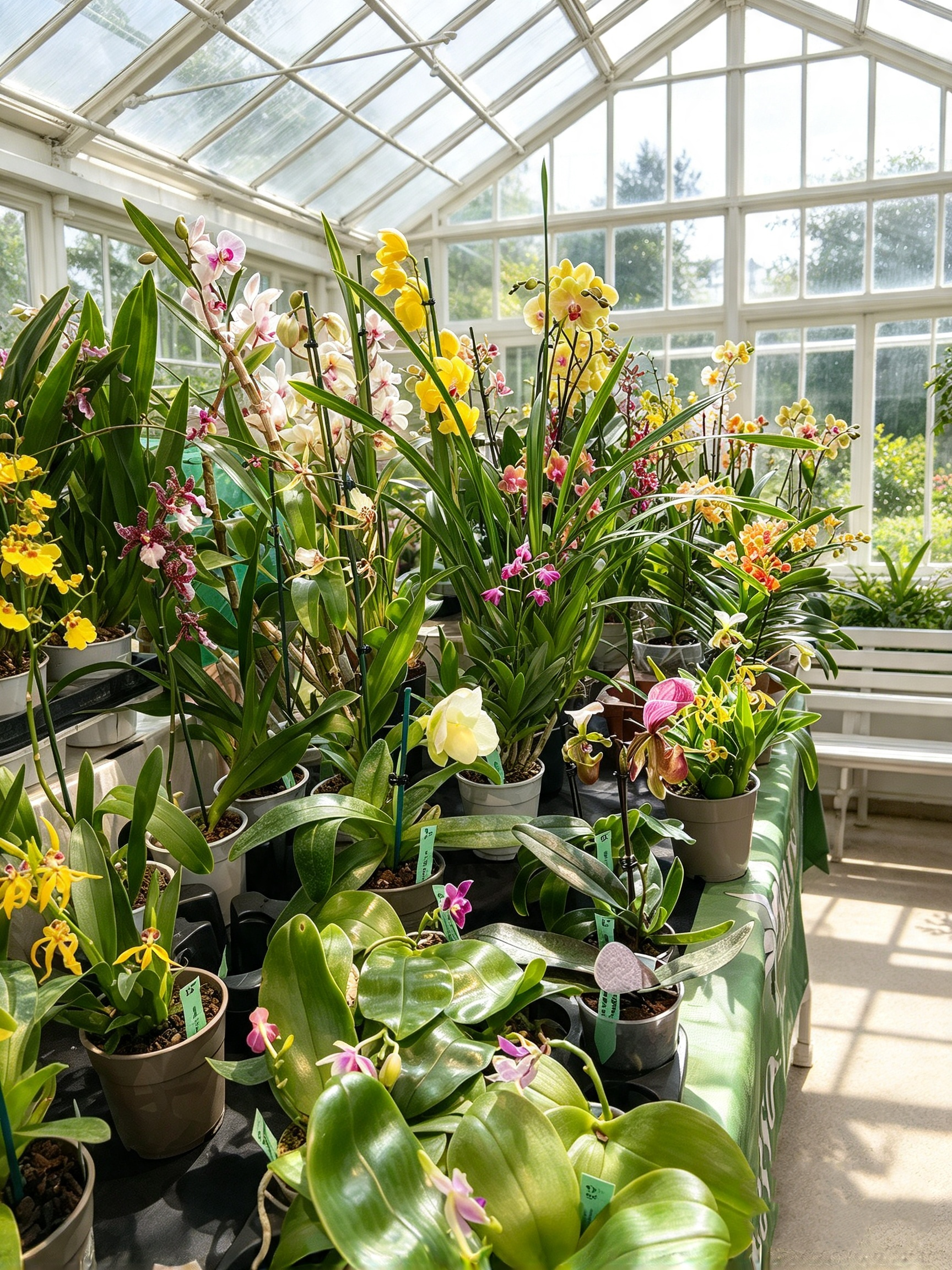A colourful collection of potted orchids on staging in a bright glasshouse