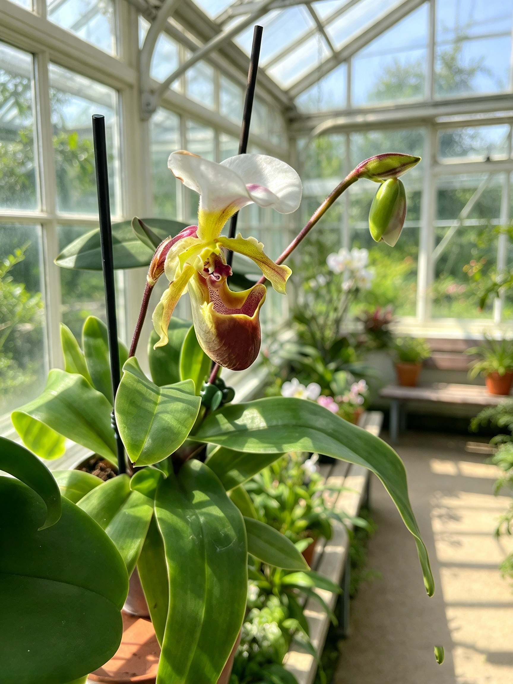 Slipper orchid with a white upper petal and a burgundy pouch in a sunlit greenhouse